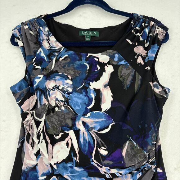 Ralph Lauren Sheath Dress Size 10 Black Blue Floral Stretch Sleeveless Lined LRL - Picture 2 of 11